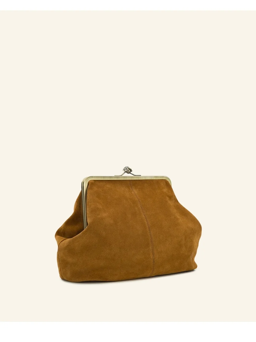 Cognac Suede Frame-Top Shoulder Bag in Cognac With Detachable Crossbody Strap